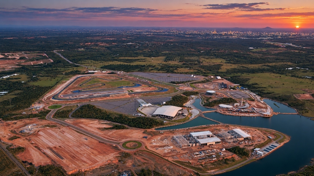 Vista aérea do Parque Novo Mato Grosso ao pôr do sol, com o lago, a arena de shows e o autódromo.